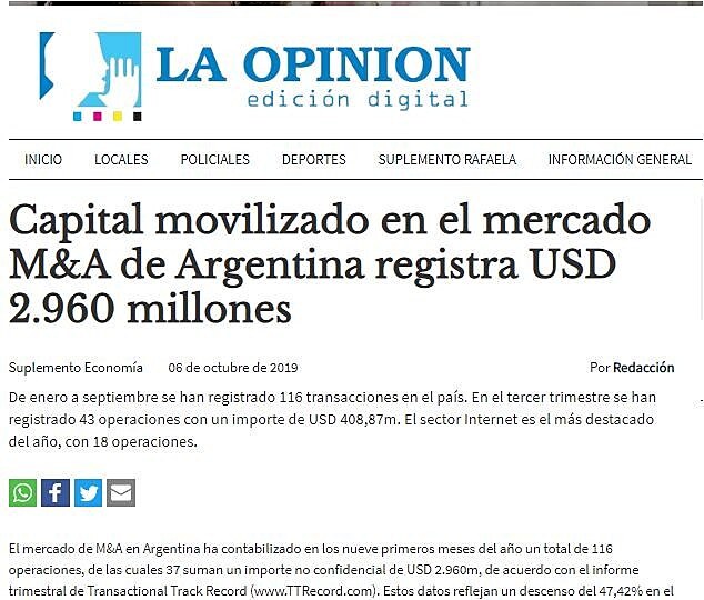 Capital movilizado en el mercado M&A de Argentina registra USD 2.960 millones